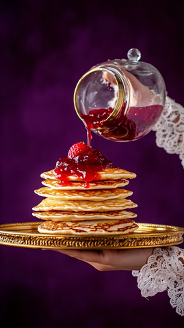 金色托盘上的草莓酱薄饼