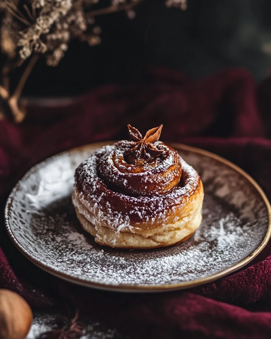 深红绒布上的肉桂卷