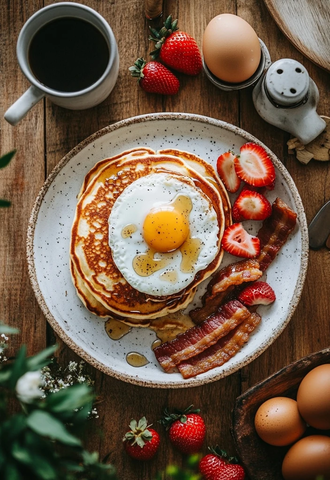 松软松饼配培根鸡蛋与草莓