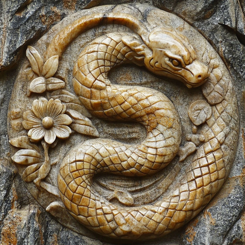 雕刻着蛇与花的精美艺术石雕