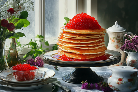 红鱼子酱点缀堆叠餐桌