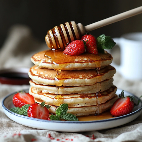 草莓薄荷蜂蜜松饼摆盘