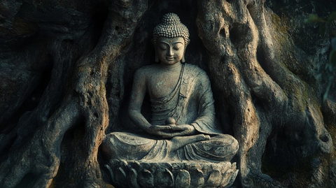 树中石佛像的静穆姿态