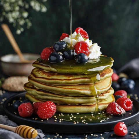 抹茶蜜豆松饼配鲜果芝麻