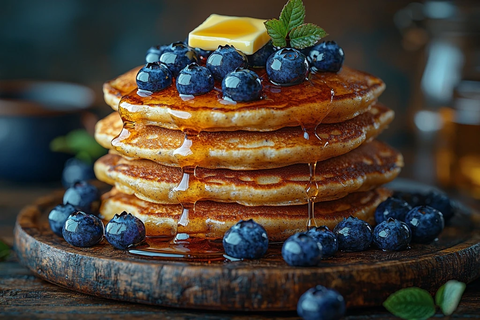 蓝莓松饼搭配枫糖和黄油