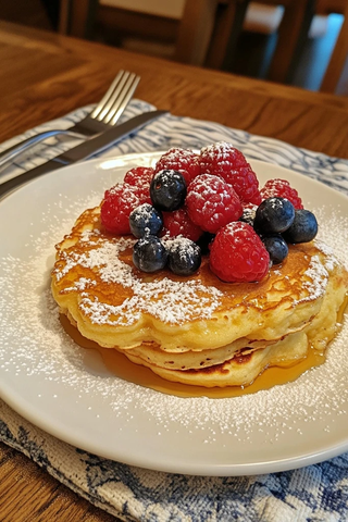木桌上的奶酪松饼与浆果