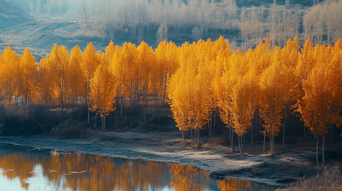 水边金黄树木成林的自然风光