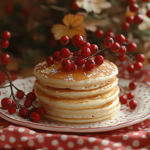 红白点桌布上的松饼与花楸