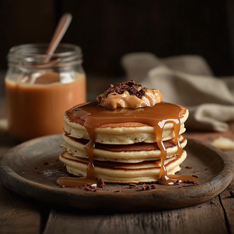 三层煎饼配焦糖酱与玻璃罐