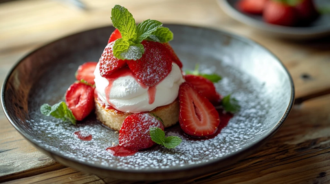 草莓短蛋糕奶油草莓木桌