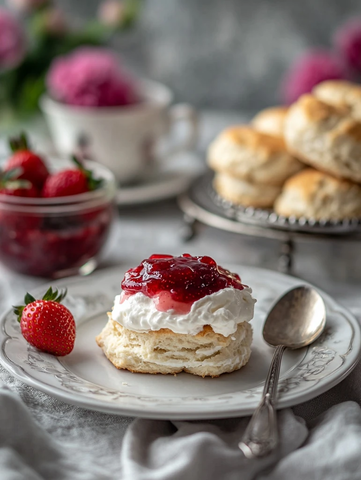 白色盘子草莓酱英式司康饼