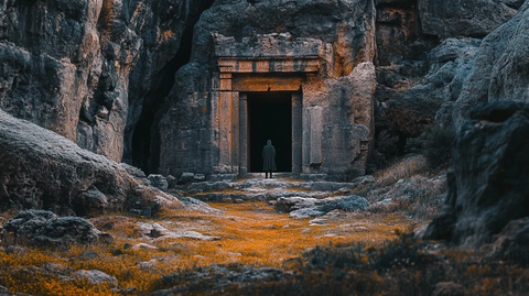 神秘人于古老石门处的荒凉景象