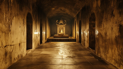 昏暗神秘的古老狭长通道内的佛像