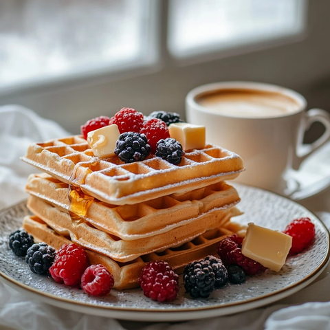 金黄色华夫饼与咖啡冬日早餐