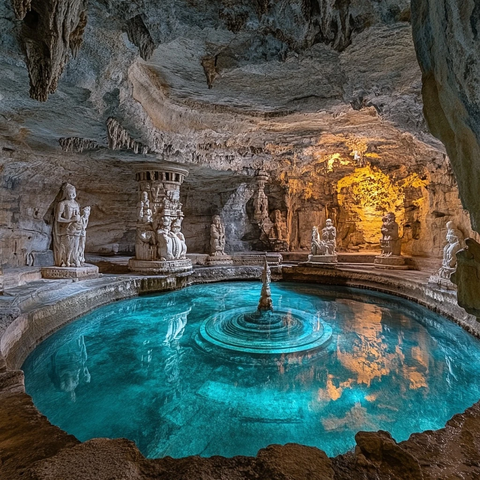 洞穴内雕像环绕的碧绿水池景象
