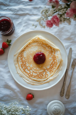 桌上草莓果酱薄饼