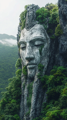 山林中雕刻有人脸的岩石特写