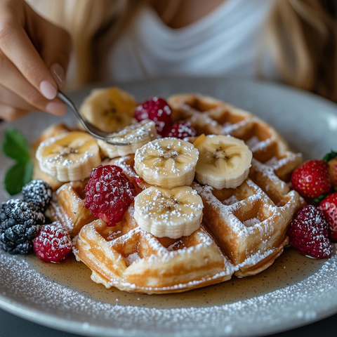女人咬金黄色香蕉枫糖华夫饼