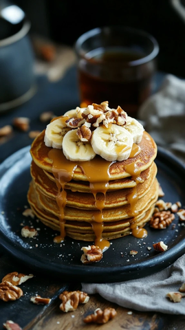 香蕉坚果蛋白煎饼早餐桌