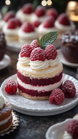 红白迷你蛋糕与覆盆子