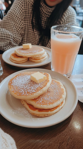 两人餐桌三张饼一杯粉色饮料