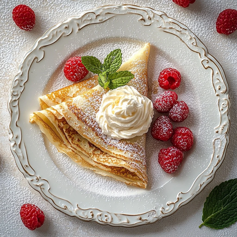 白色盘子上的奶油薄饼与覆盆子