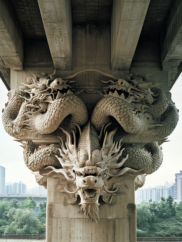 刻有双龙的桥梁建筑立柱