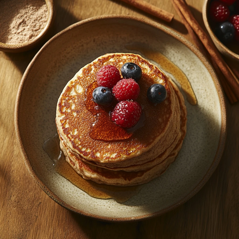 金黄色煎饼配鲜果与枫糖浆