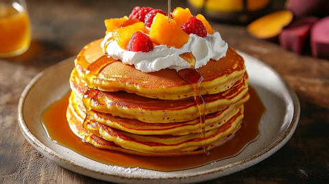 紫薯煎饼配奶油水果糖浆