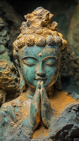 双手合十的佛像雕塑特写