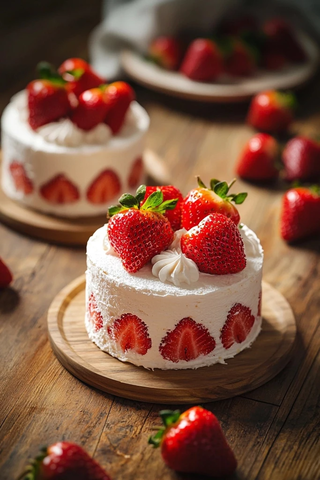草莓蛋糕装饰木桌拍摄