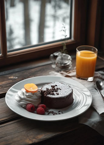 巧克力熔岩蛋糕配莓果和奶油