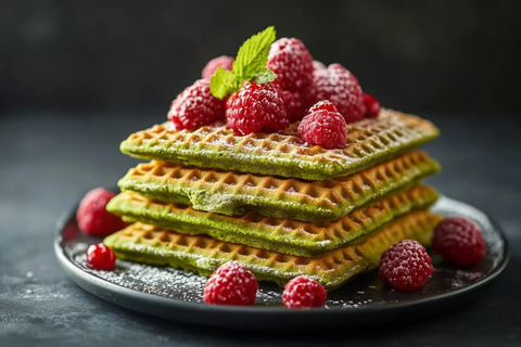 抹茶华夫饼配枫糖与鲜莓