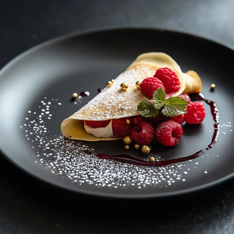 莓果薄饼配金箔与覆盆子酱