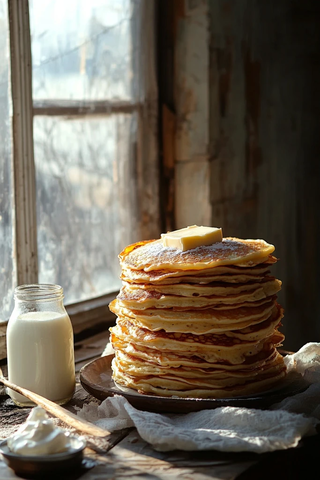 酵母煎饼堆叠牛奶与酸奶油