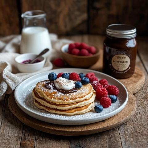 木桌上的松软煎饼与果酱