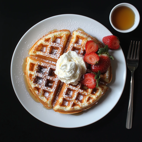 黄金色华夫饼配草莓鲜奶油