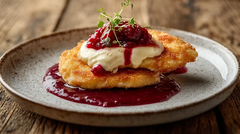 脆皮炸肉配奶酪和越橘酱