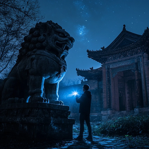 男子夜探古建筑手持灯光照亮石狮子