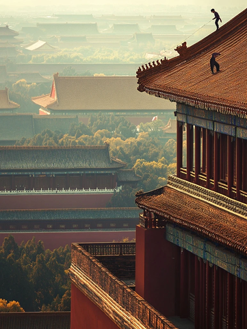 俯瞰故宫建筑群与房顶上的人