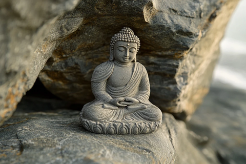 石上放置的佛像雕塑近景特写