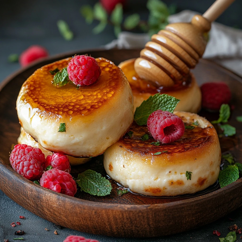 煎炸芝士蛋糕配蜂蜜薄荷覆盆子