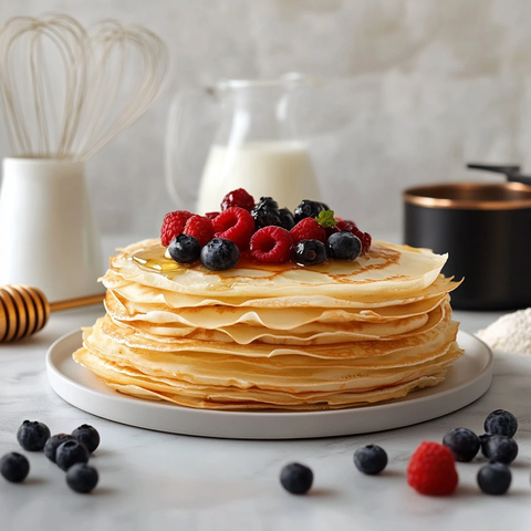 金棕薄饼蜂蜜莓果摆盘