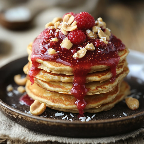 松木桌上的果酱煎饼