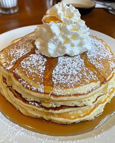 金色煎饼配奶油糖浆