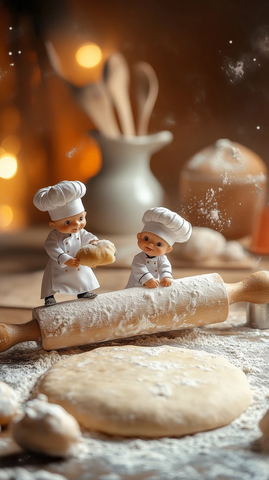 小矮人厨师在面团上使用大擀面杖