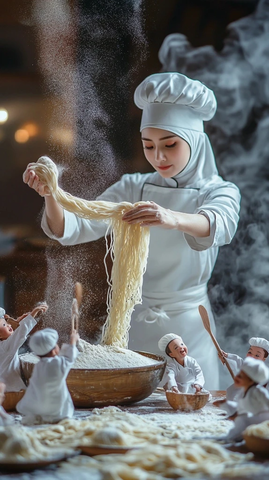 女厨师拉面与迷你助手
