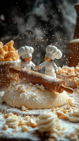 小厨师们在面团上滚压面团