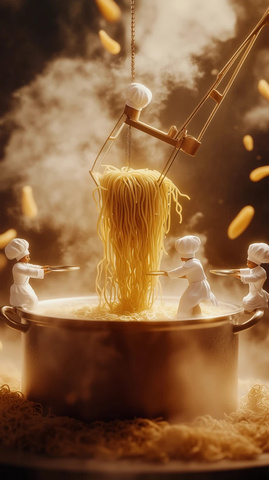 小厨师用吊车煮意大利面