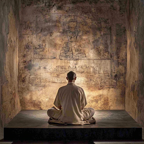 僧人在古迹前盘腿打坐的宁静画面